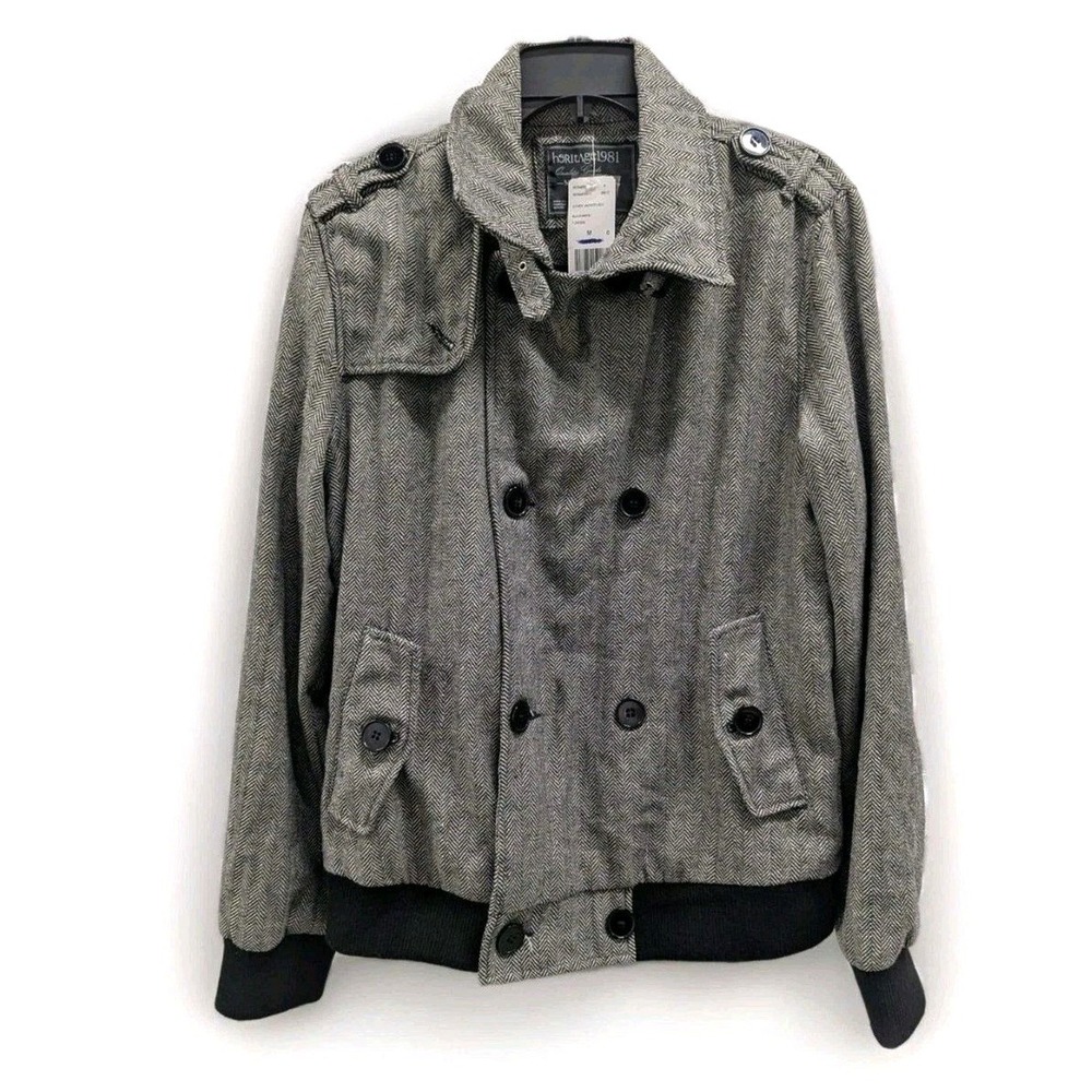 Military Herringbone Wool Blend Bomber Jacket Coat Double Breasted NWT Medium